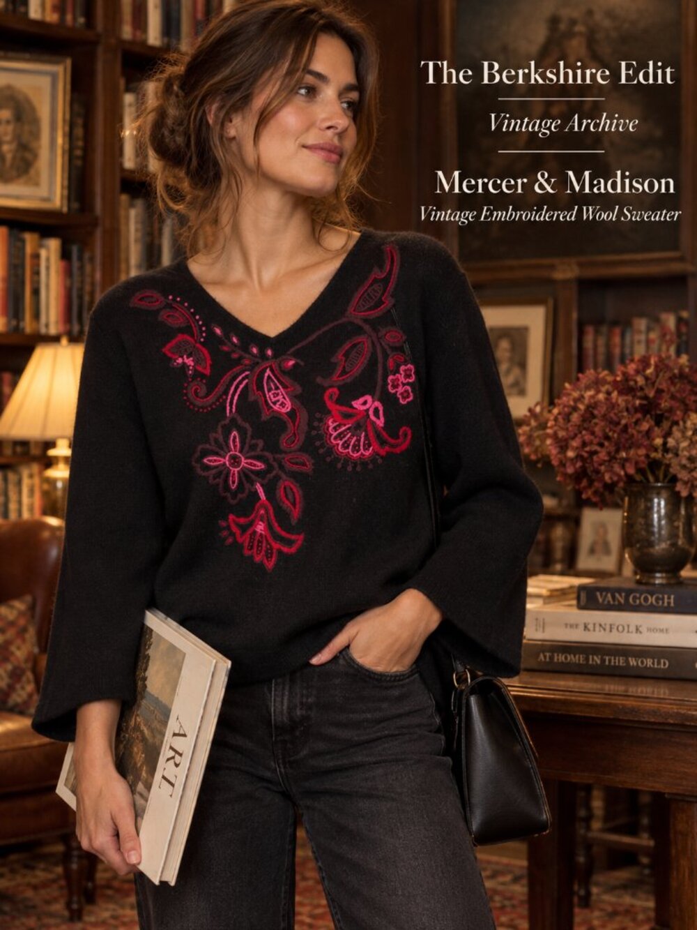 Vintage Mercer & Madison Wool Blend Embroidered Floral Sweater Black XL Boho